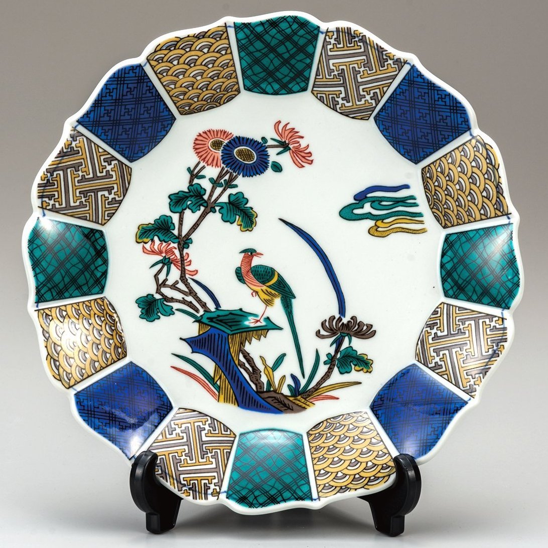 九谷焼ギフト ご贈答品 御祝い九谷焼10号飾皿 古九谷花鳥（皿立付）