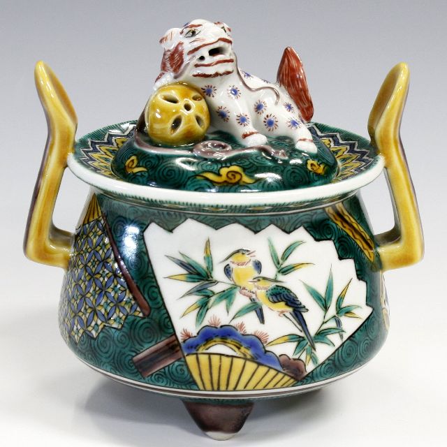 【送料無料】九谷焼アウトレット!! 40％OFF!! 九谷焼4号香炉 色絵扇面図 越田健一郎