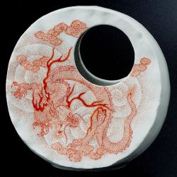 九谷焼作家 ギフト ご贈答品 御祝い九谷焼6号花器 赤絵細描龍鳳凰 大酒清山