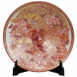 九谷焼ギフト ご贈答品 御祝い九谷焼12号飾皿 本金赤牡丹孔雀（皿立付） 高明