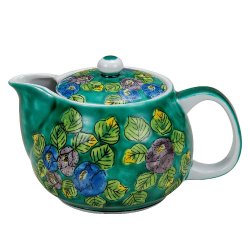 九谷焼ギフト ご贈答品 御祝い 九谷焼ポット急須 グリーン椿 （網付）