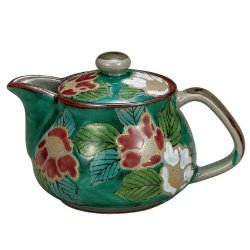 九谷焼ギフト ご贈答品 御祝い 九谷焼ポット急須 グリーン山茶花 （網付）