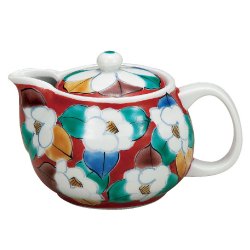 九谷焼ギフト ご贈答品 御祝い 九谷焼ポット急須 朱地椿 （網付）