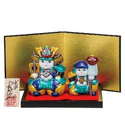 九谷焼ギフト 端午の節句 初節句御祝い 九谷焼3.5号武者人形揃 色絵青九谷（台・敷物・立札・屏風付） 糠川孝之
