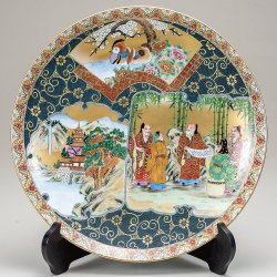 九谷焼ギフト ご贈答品 御祝い九谷焼15号飾皿 本金青粒割取（皿立付） 大雅