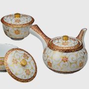 【送料無料】九谷焼ギフト ご贈答品 御祝い 九谷焼蓋付茶器 本金白粒鉄仙 佐伯信平