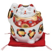 九谷焼ギフト ご贈答品 御祝い 九谷焼4号招き猫 金三毛（布団付）