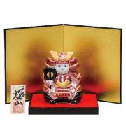 九谷焼ギフト 端午の節句 初節句御祝い 九谷焼3.5号武者人形 赤備え（台・敷物・立札・屏風付）