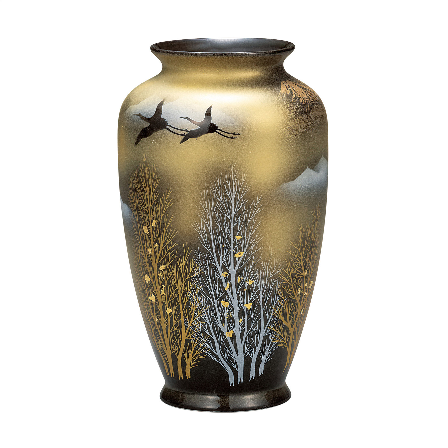 8号花瓶・金箔木立連山に鶴
