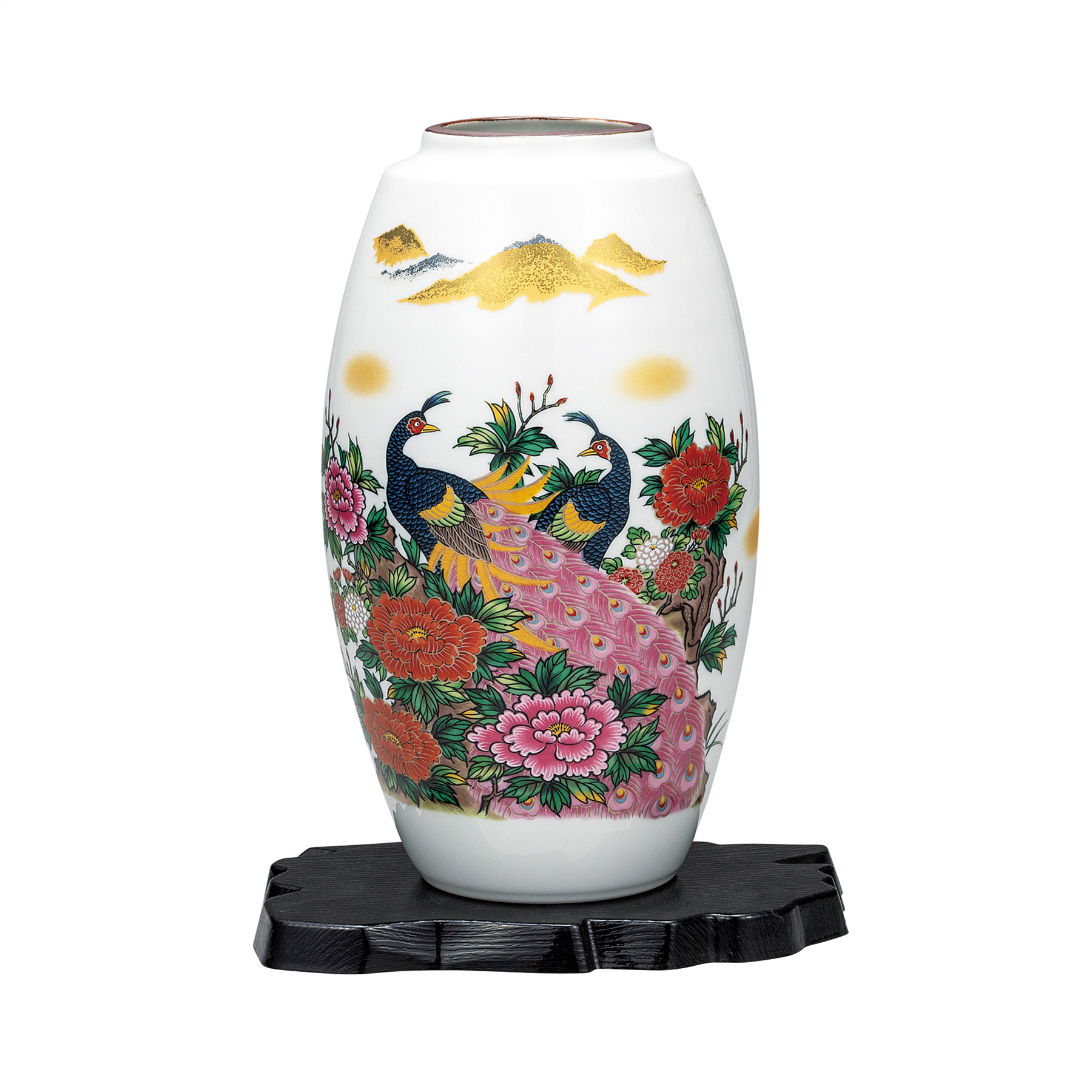 9号花瓶・色牡丹孔雀（台付）