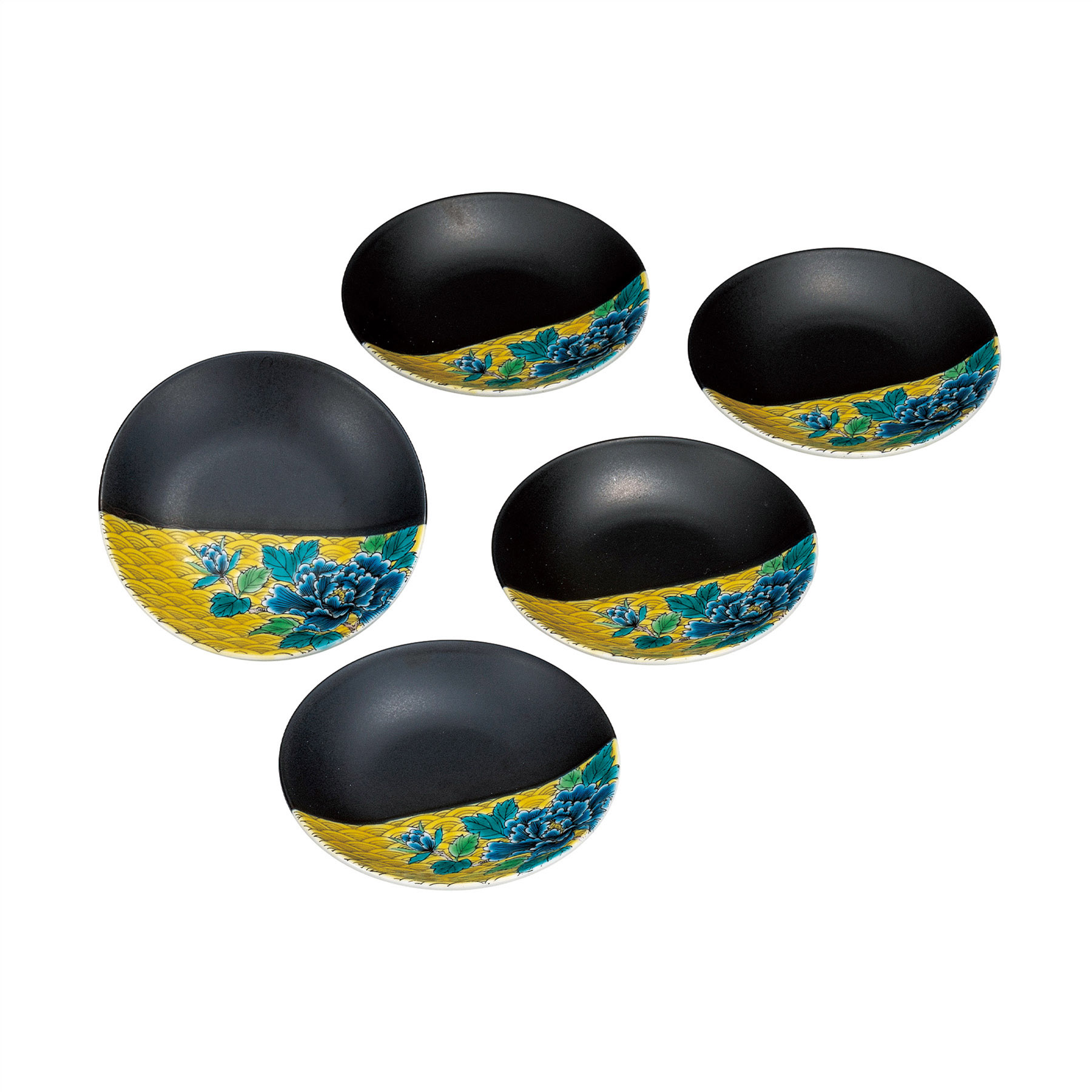 5号皿揃・吉田屋波牡丹