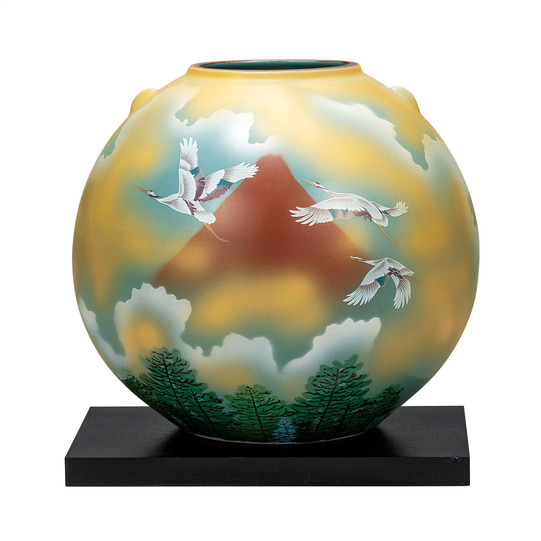 7号花瓶・赤富士に鶴（台付）