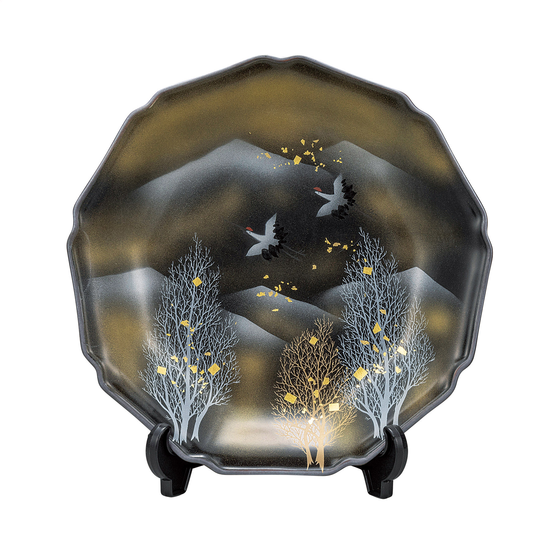 10号飾皿・天目木立鶴（皿立付）