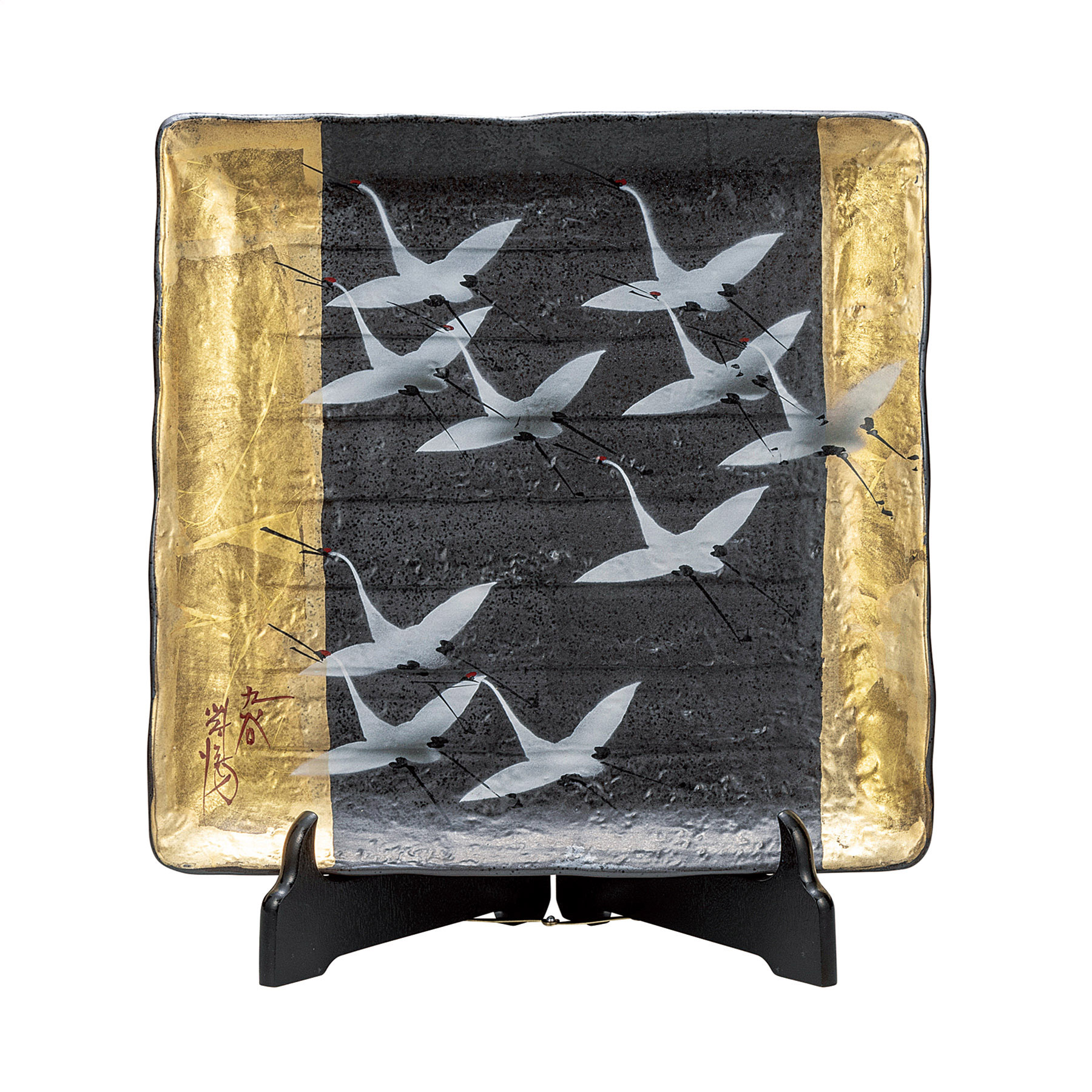 10号飾皿・金箔群鶴（皿立付）