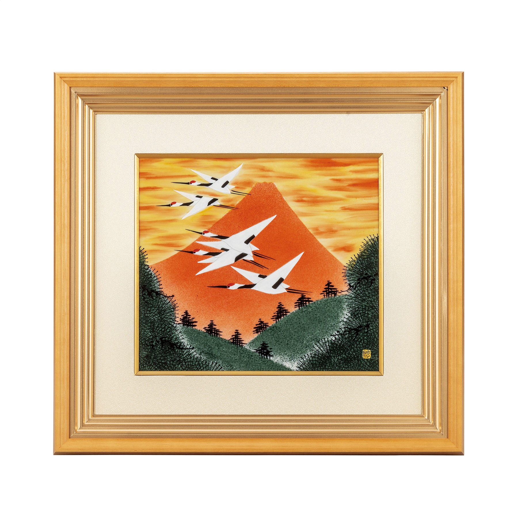 陶額・赤富士に鶴