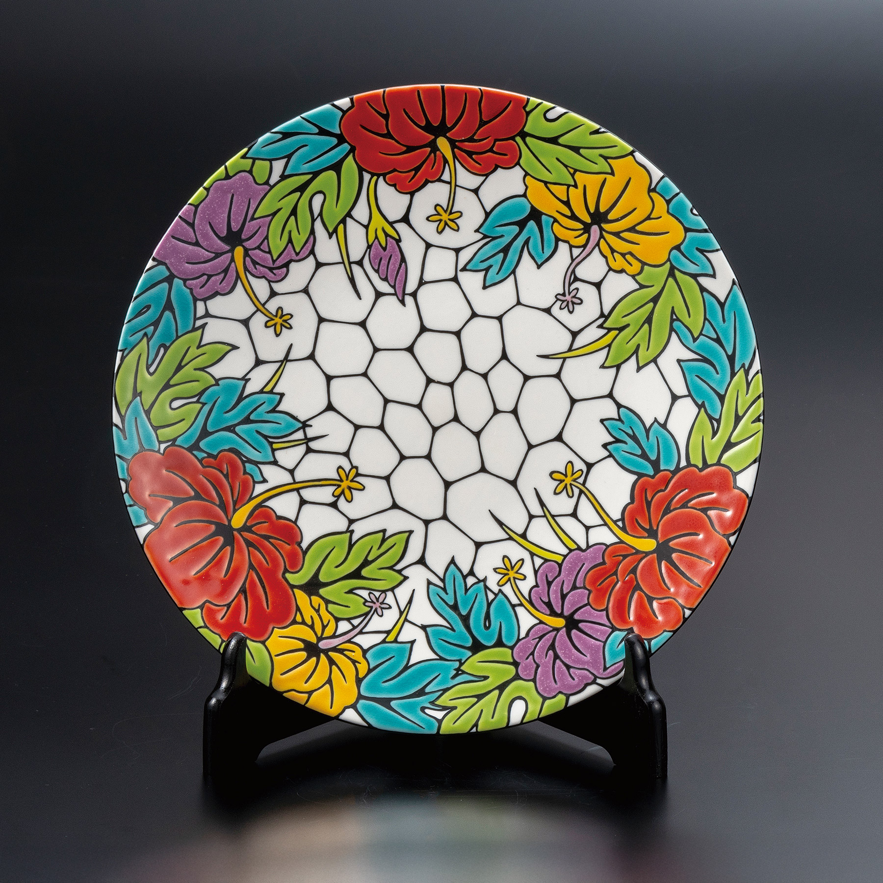 10号飾皿・彩・ハイビスカス（皿立付）