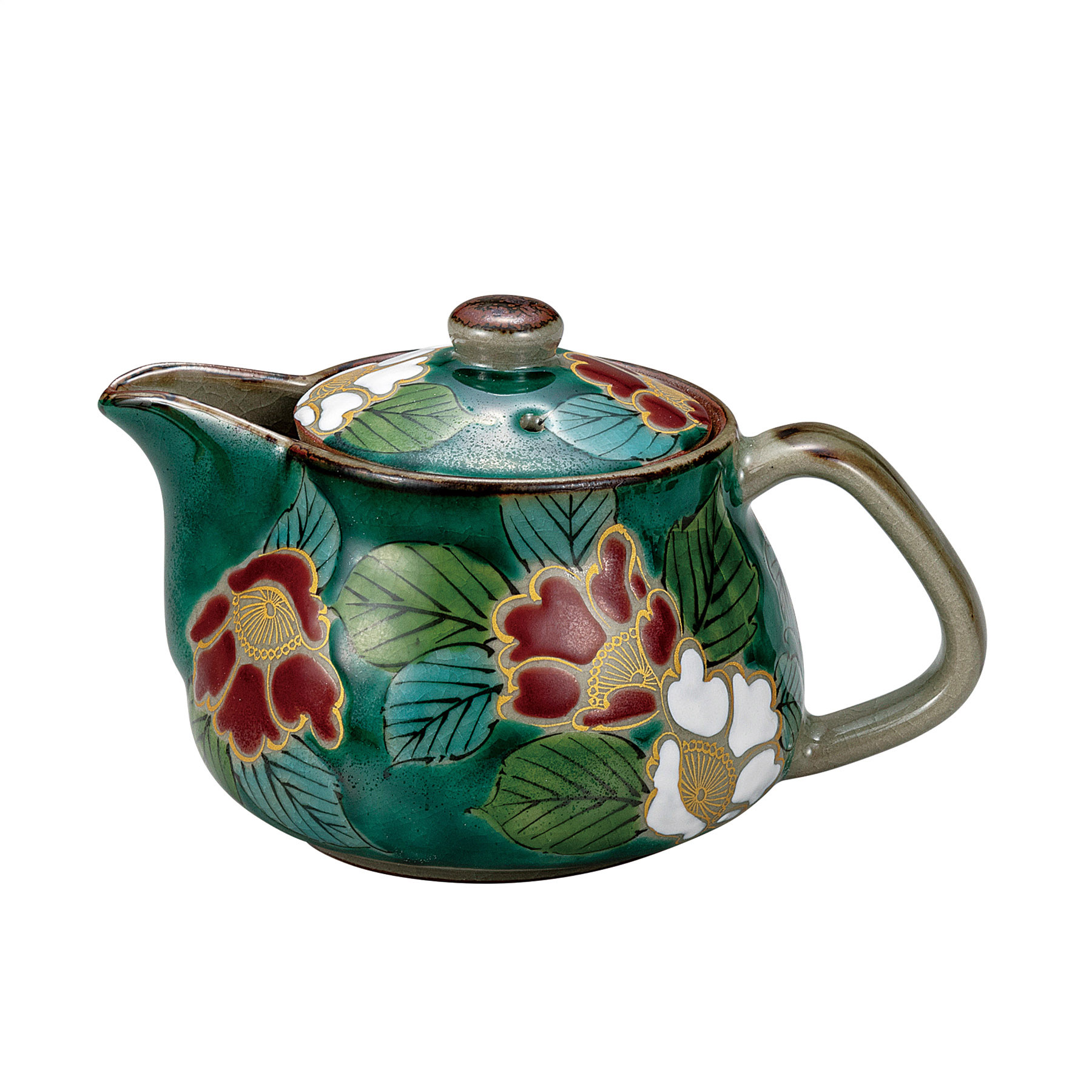 ポット急須・グリーン山茶花（網付）