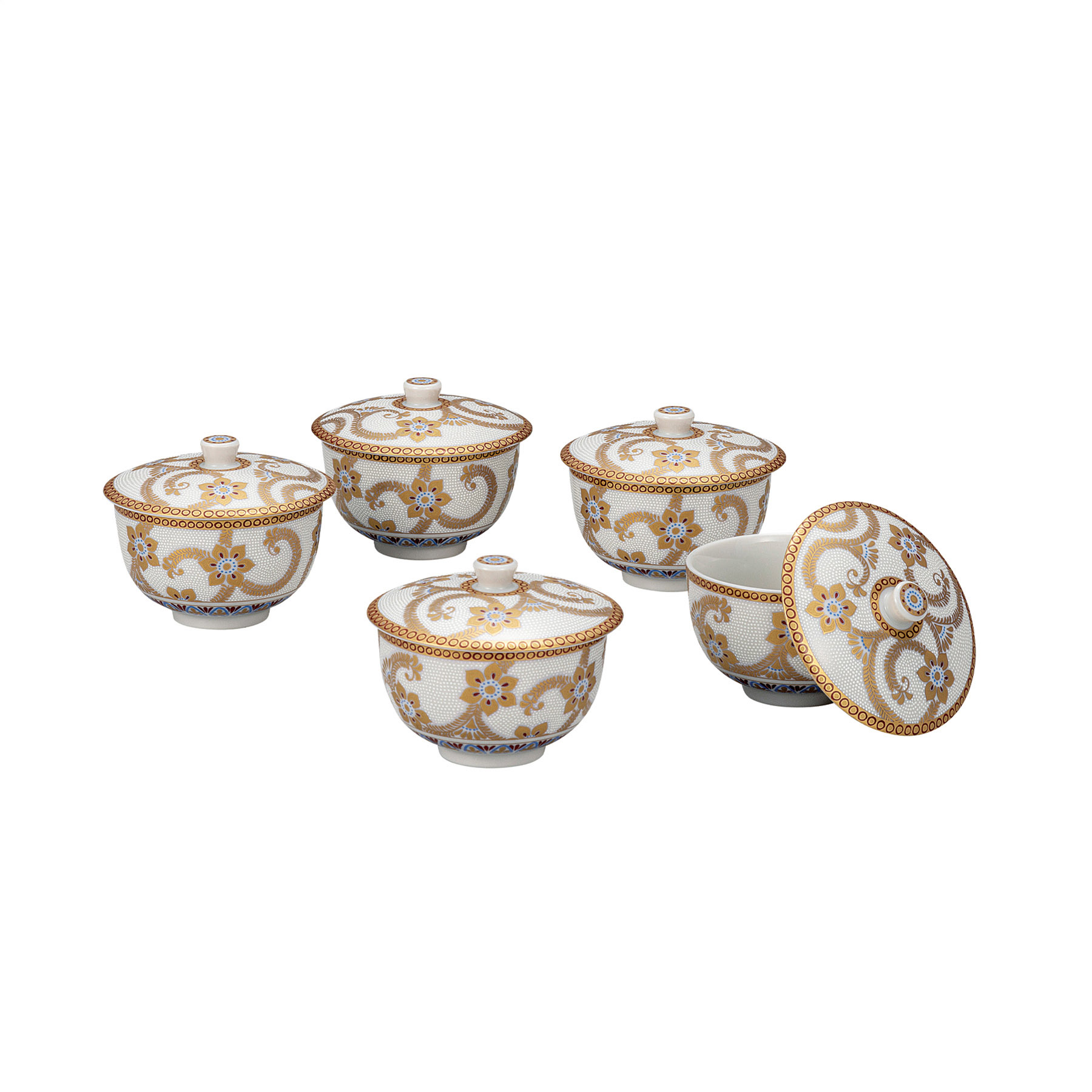 蓋付汲出揃・白粒金唐草