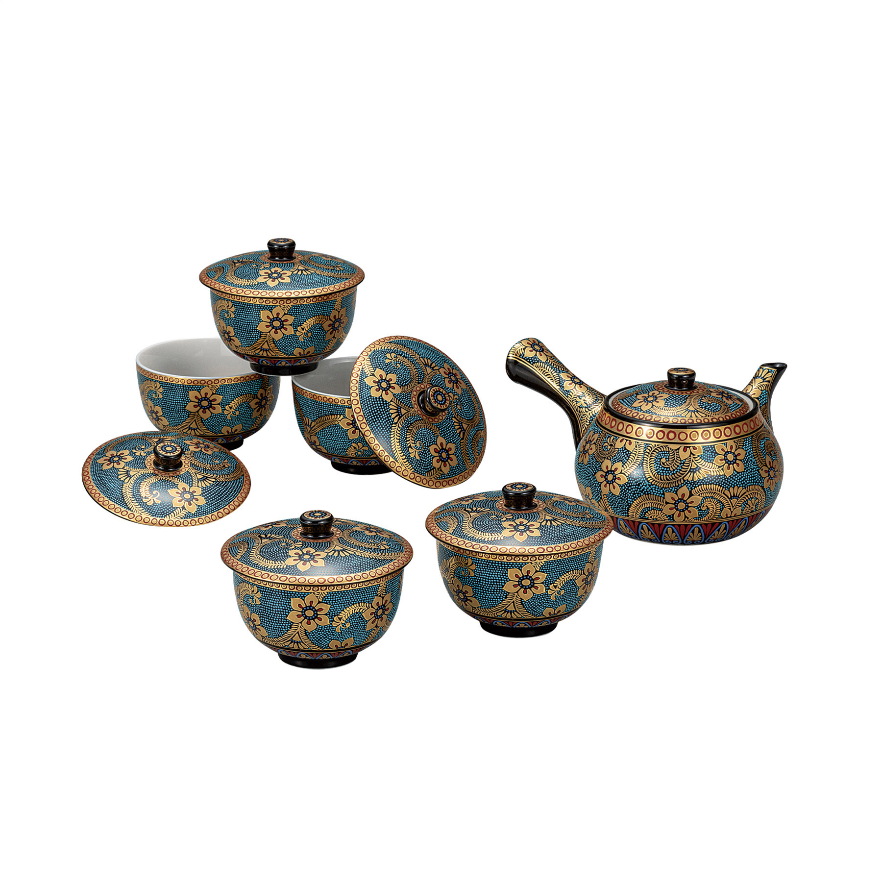 蓋付茶器・青粒金唐草