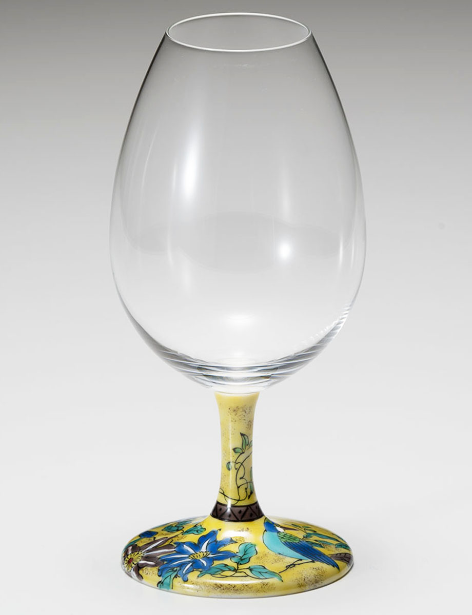 酒グラス　吉田屋鉄線に鳥 / 九谷白雅