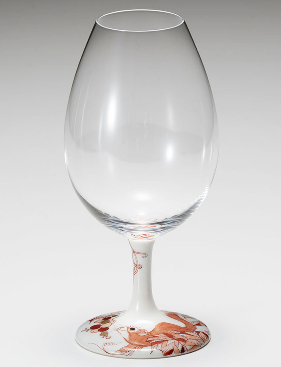 酒グラス　ぶどうにリス　赤 / 梅村めぐみ