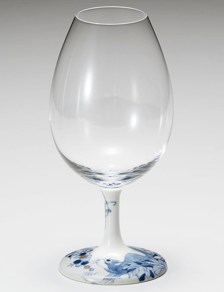 酒グラス　ぶどうにリス　青 / 梅村めぐみ