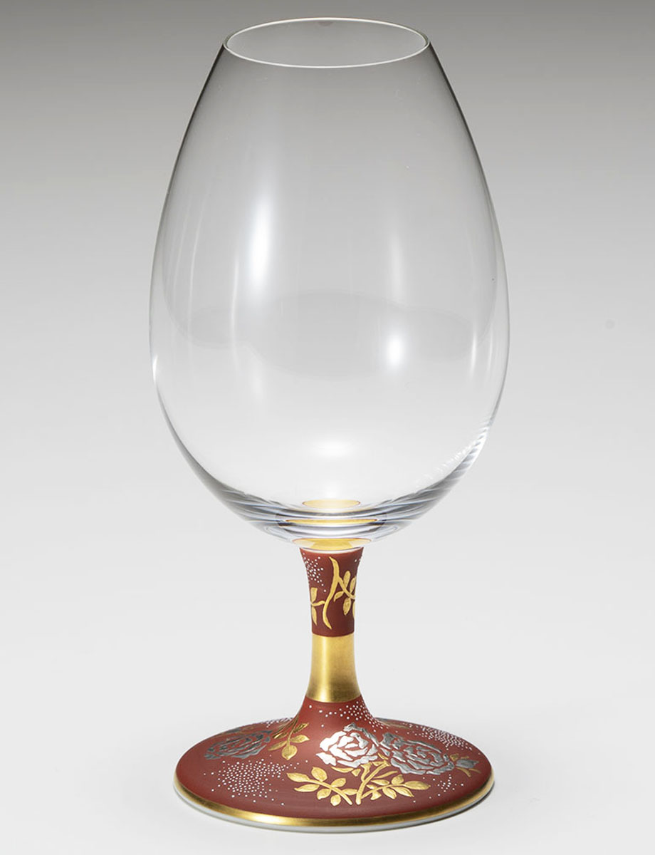 酒グラス　白金盛薔薇図赤地白粒 / 仲田錦玉