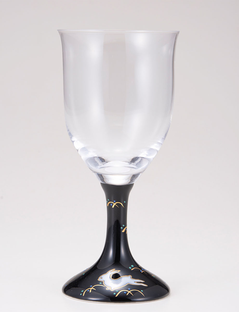 ワイングラス・大　うさぎ文　ブラック