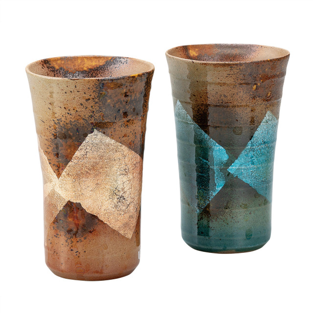 ペアフリーカップ・銀彩　水色／オレンジ