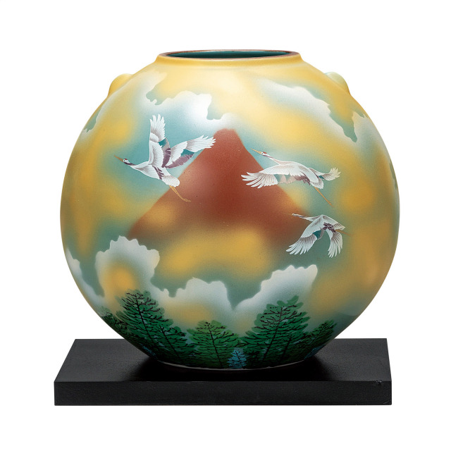 7号花瓶・赤富士に鶴（台付）