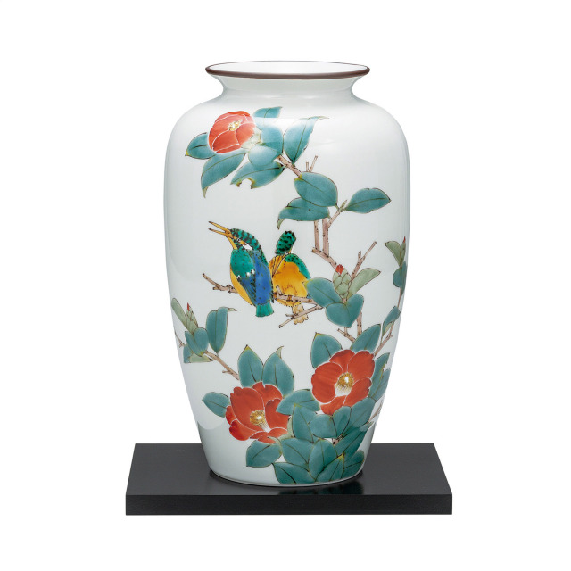 10号花瓶・花椿に翡翠（台付）