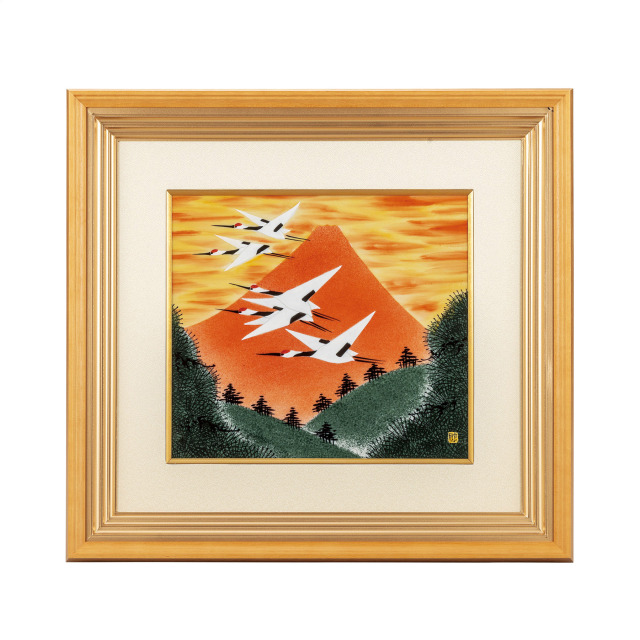 陶額・赤富士に鶴