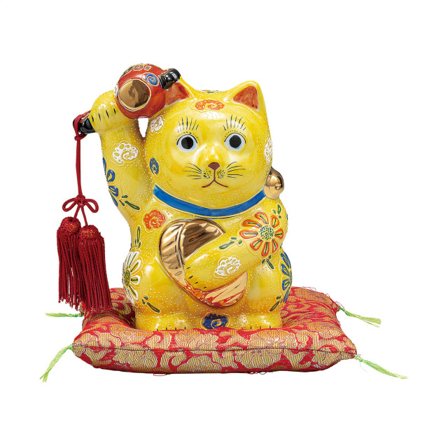 6号小槌上げ小判招き猫・黄盛（布団付）