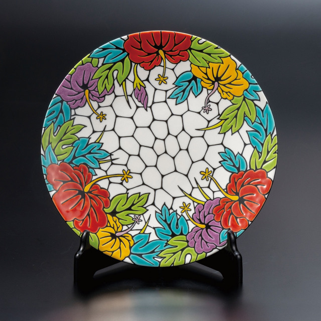 10号飾皿・彩・ハイビスカス（皿立付）