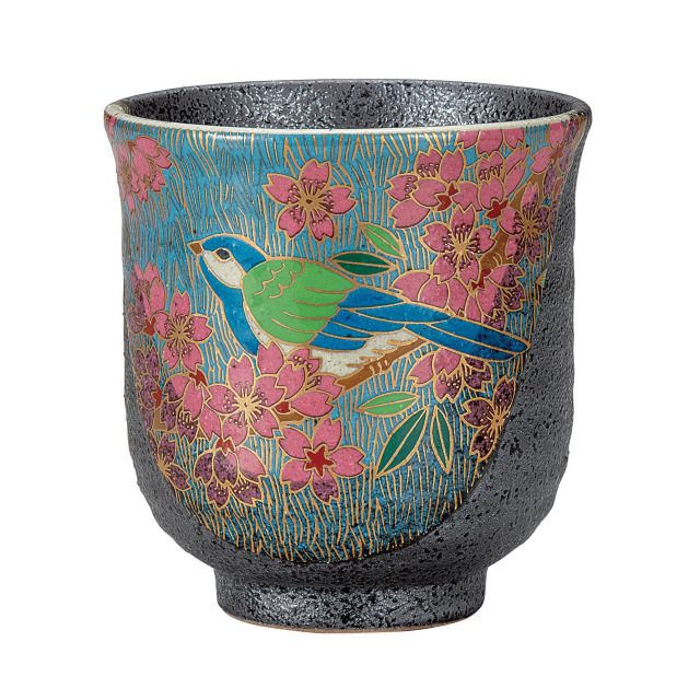 湯呑・金桜花鳥
