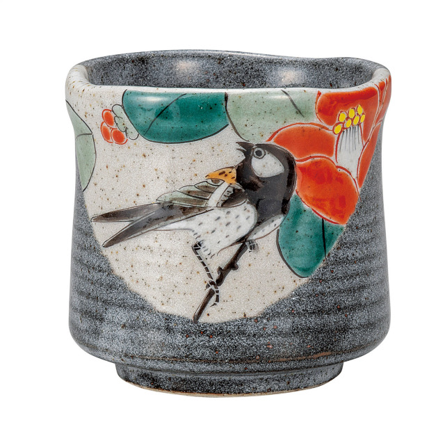 湯呑・椿に四十雀