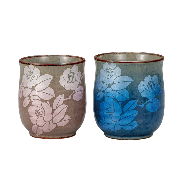 組湯呑・銀彩山茶花