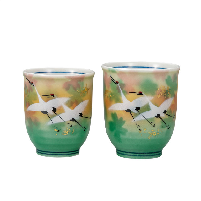 組湯呑・金箔花群鶴