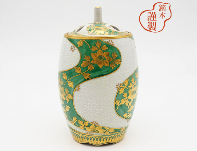 香炉　金襴手花唐草ネジリ・緑 / 吉田美統