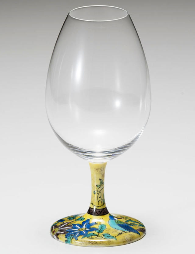 酒グラス　吉田屋鉄線に鳥 / 九谷白雅