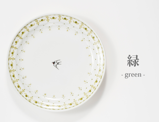 プレート皿　つばめ瓔珞・緑 / 梅村めぐみ