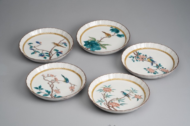 5寸輪花皿揃・色絵花鳥絵変図(五枚一組)