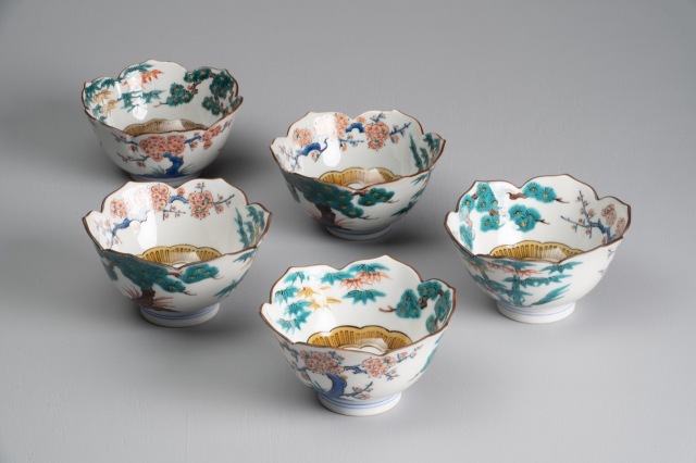 小鉢揃(桔梗型)・色絵松竹梅図(五客j一組)