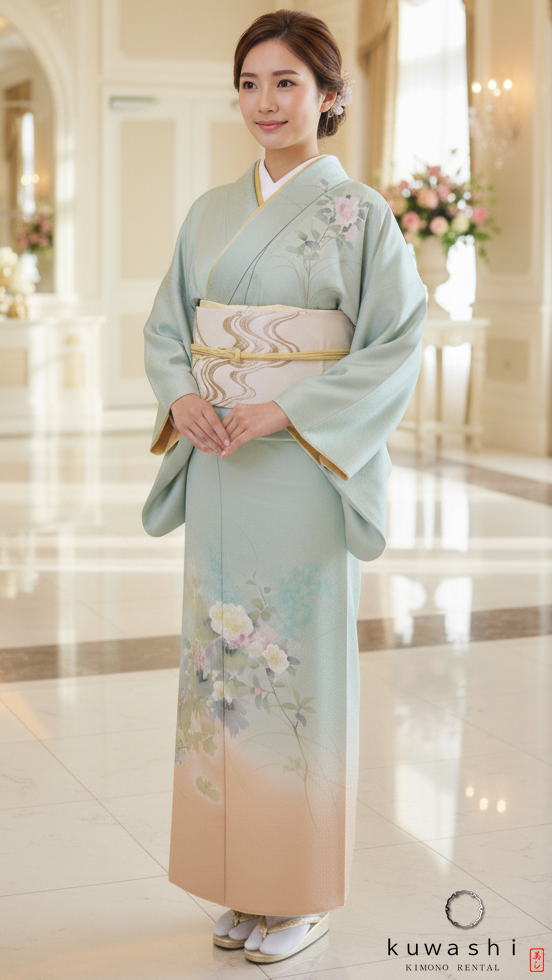 クワシ着物レンタル　グリーン×ベージュぼかし正絹訪問着