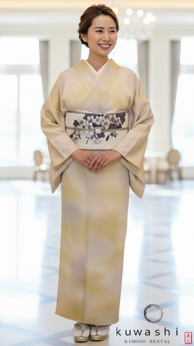 色無地　フルセット　着物　正絹　ロング丈　花の地紋　一つ紋　淡い　N2 絽 色無地レンタル（夏用）｜鳩羽色 (一つ紋)｜H0355｜L｜宅配着物