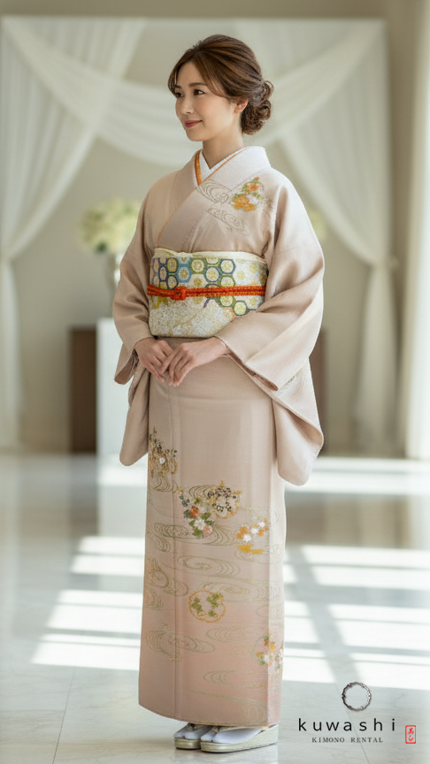 クワシ着物レンタル ラスターピンク刺繍金彩正絹訪問着