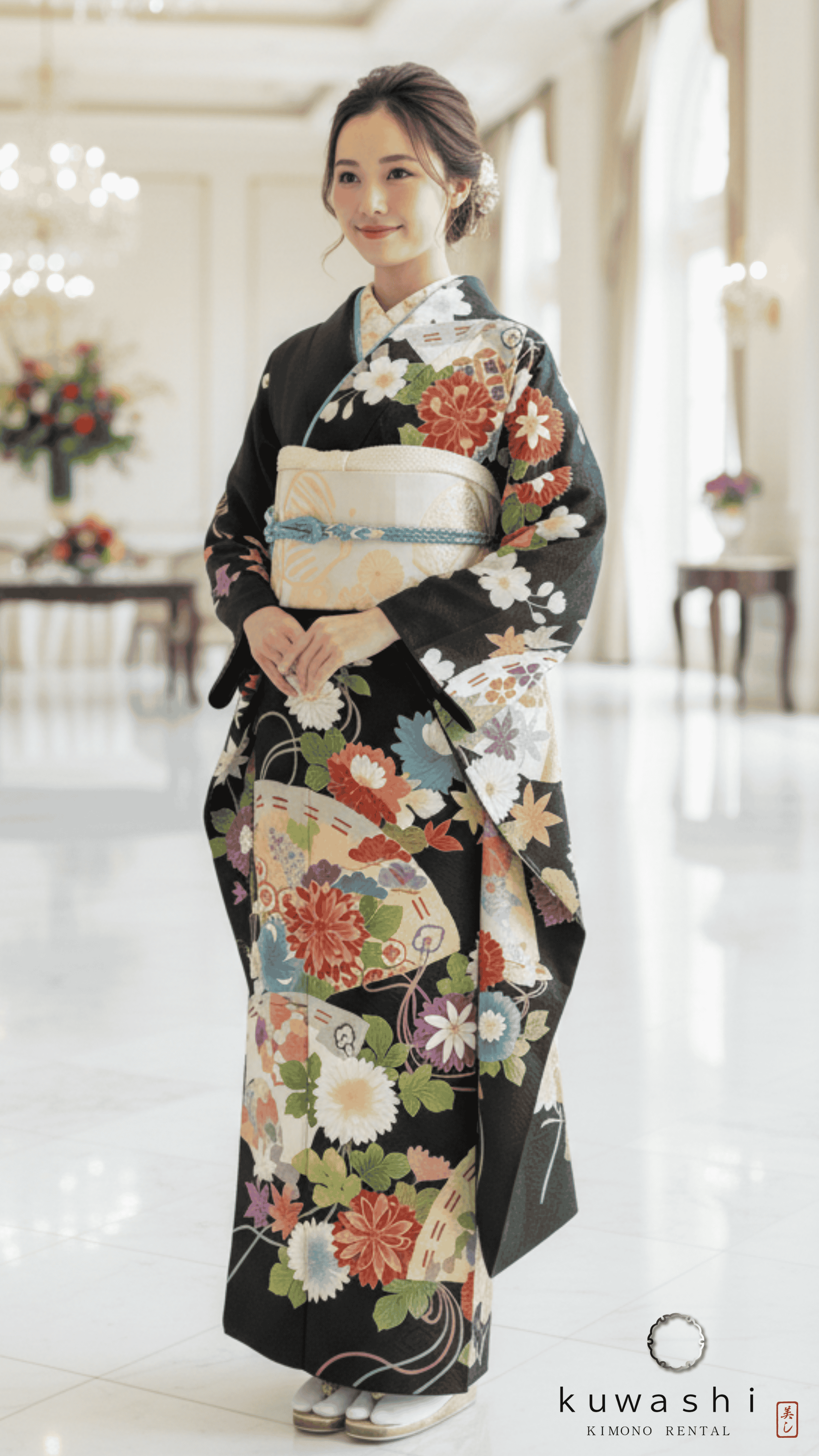 正絹振袖レンタル ノーブルブラック彩花扇正絹振袖袋帯セット 身長１６３ｃｍ～１８３ｃｍ 品番８０００７