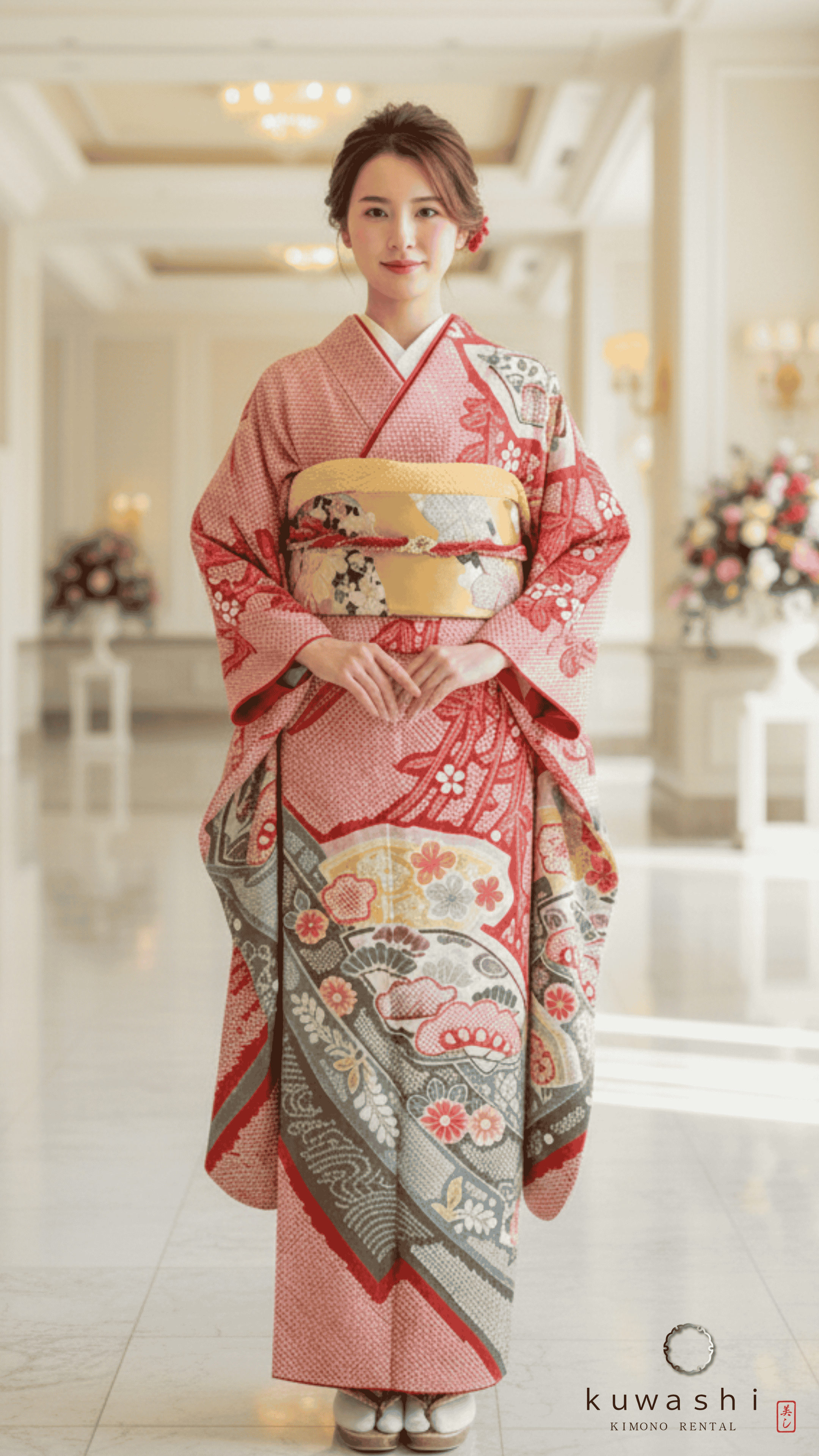 正絹振袖レンタル ルビーレッド総絞り正絹振袖袋帯セット 身長１５７ｃｍ～１７７ｃｍ 品番８０００８