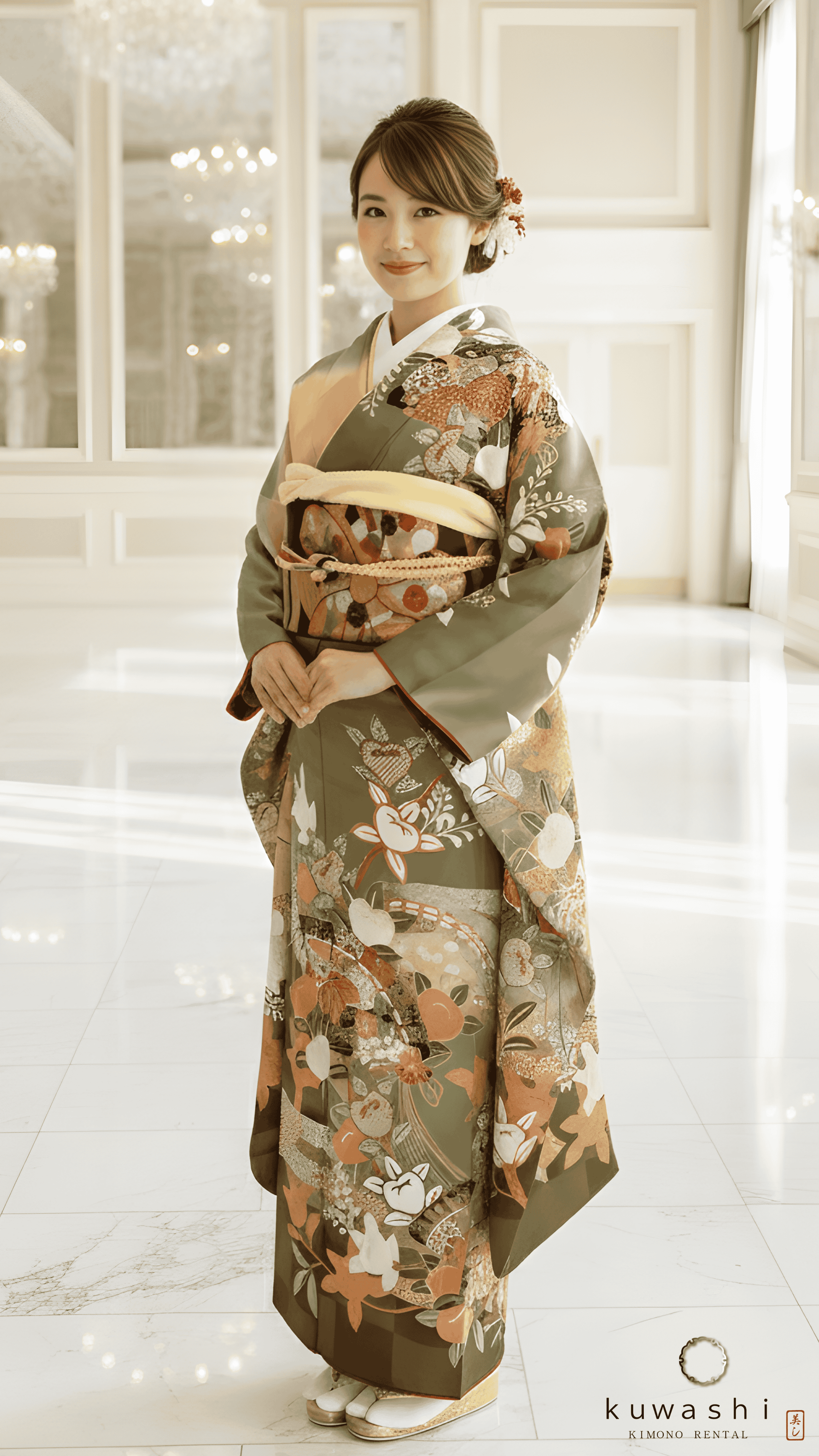 正絹振袖レンタル オリーブグリーン市松橘正絹振袖袋帯セット 身長１５４ｃｍ～１７４ｃｍ 品番８００１１