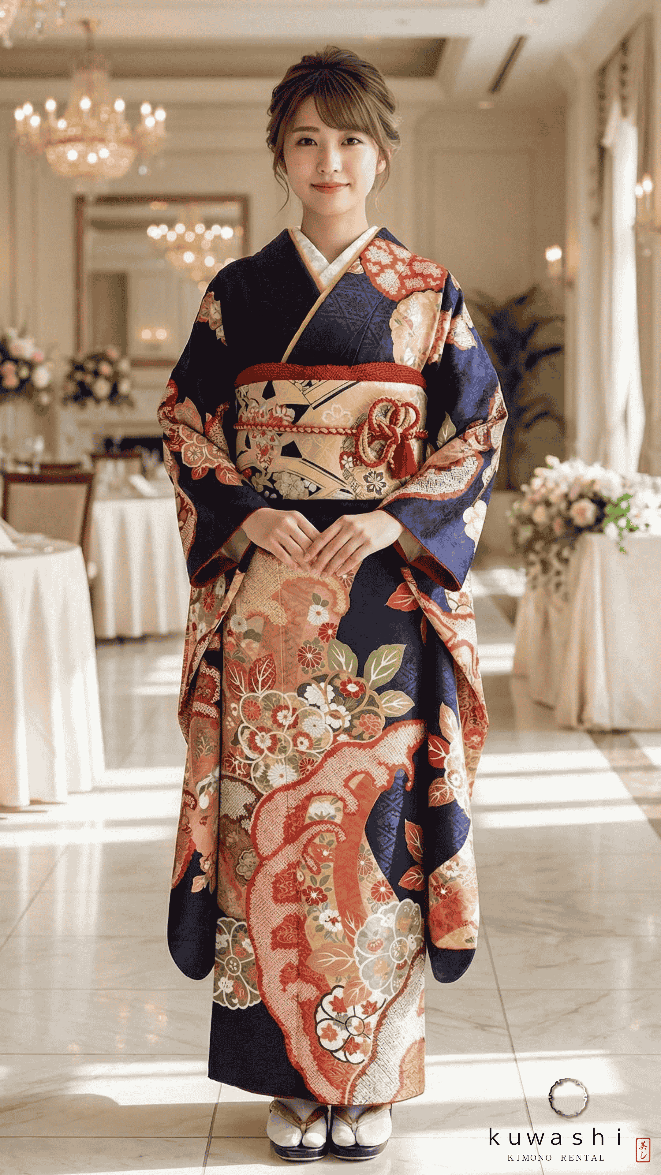 正絹振袖レンタル 紺地絞り波地紋正絹振袖袋帯セット 身長１５５ｃｍ～１７５ｃｍ 品番８００１４